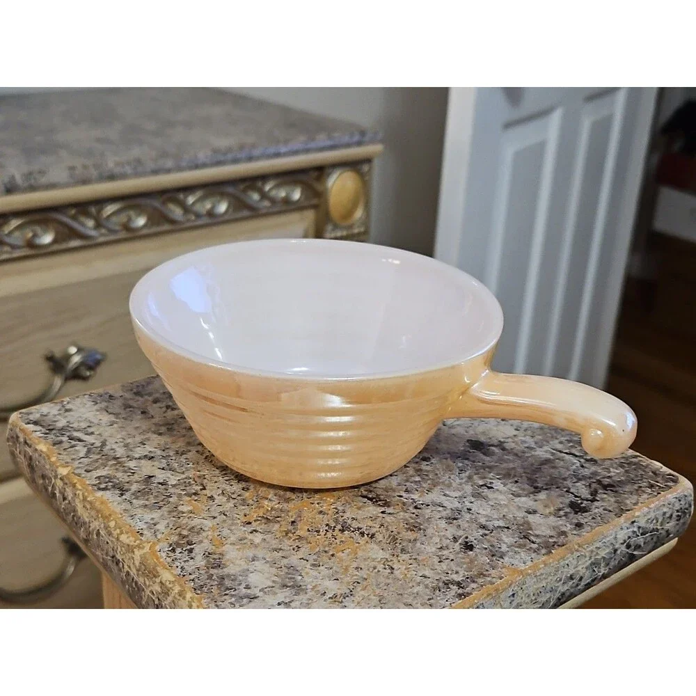 Vintage Anchor Hocking Fire King Peach Lusterware Handled Soup Bowl